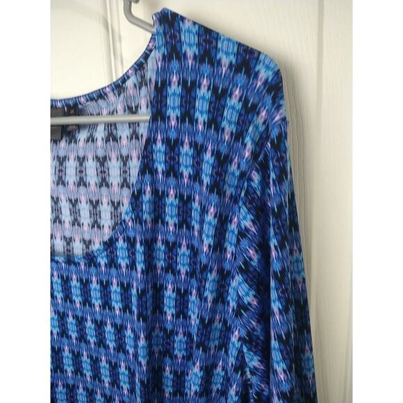 Rafaella Woman 3X Blouse Blue Aztec Western Argyle Wide 3/4 Sleeve Front Tie - Picture 2 of 9